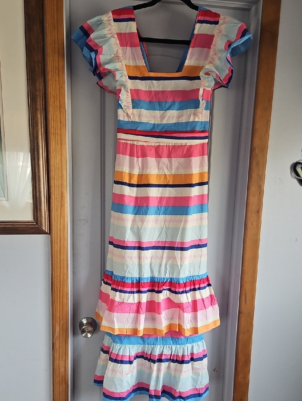 Plenty by Tracy Reese Multicolor Striped Ruffle Midi Dress - Pink, Blue, Yellow